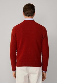 Roter Strickpullover mit Rundhalsausschnitt und gerippten Bündchen. Besitzt ein strukturiertes Muster und eine taillierte Silhouette. Wird über einem hellblauen Hemd getragen.
