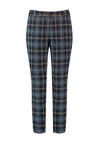 Wollen broek in een blauw, zwart en bruin ruitpatroon. Recht model met een knoopsluiting aan de voorkant en twee zakken.