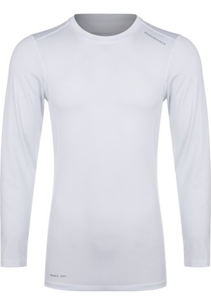 Vit långärmad idrottströja i fuktavledande material, med rundad halsringning och diskret logotyp på axeln och fållen.