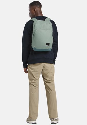 Homme portant un sac à dos Jack Wolfskin vert clair, un sweat-shirt noir, un pantalon beige et des baskets beige, debout de dos sur un fond blanc.
