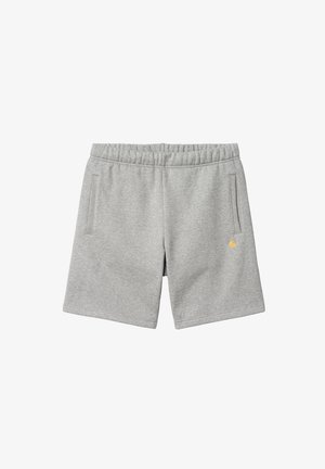 Grijze katoenen shorts met een elastische tailleband, voorzien van twee zijzakken en een klein geel logo op het onderste deel van het linkerpant.