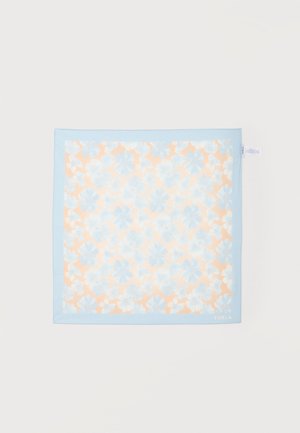 Square scarf with light blue border and soft orange background, featuring a pattern of pale blue and white floral shapes.