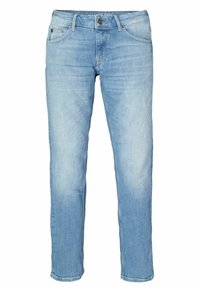 Jeans de denim azul claro con corte ajustado, diseño de cinco bolsillos, cierre de botón y sutiles detalles deslavados en los muslos.