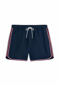 Bañador de marina con cintura ajustable mediante cordón, aberturas laterales y acentos a rayas en blanco, rojo y azul a lo largo de los lados. Fabricado con material ligero.