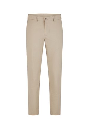 Beige straight-leg pants with belt loops, button closure, and zip fly, displayed on a white background.