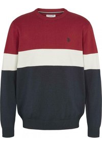 Pull-over à rayures rouges, blanches et bleu marine ; tissu tricoté, col rond, poignets et ourlet côtelés, petit logo sur le côté gauche de la poitrine.