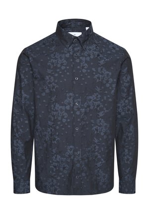 Camisa de manga larga azul oscuro con un sutil patrón floral, cuello con botones, botones frontales y puños de un botón.