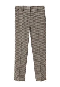 Pantaloni a fantasia houndstooth marrone e nero con taglio dritto, passanti per cintura e tasche laterali, caratterizzati da una texture di tessuto liscia.