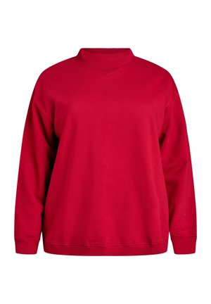 Sarkans sporta džemperis ar augstu apkakli, garām piedurknēm un brīvu piegriezumu. Mīksts audums un ribotas aproces uzlabo komfortu un piegulēšanu.
