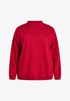 Czerwona bluza z wysokim dekoltem, długimi rękawami i luźnym krojem. Miękka tkanina oraz ściągacze na rękawach zapewniają komfort i dopasowanie.