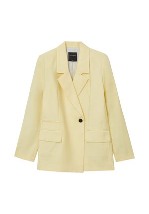 Gelber, übergroßer Blazer aus glattem Stoff. Verfügt über einen geknöpften Reverskragen, einen einzelnen Knopfverschluss und zwei frontale Taschen. Innenfutter mit Streifenmuster.
