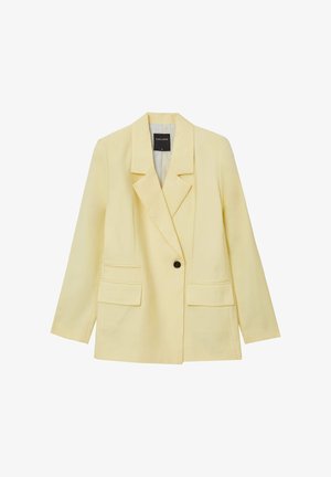 Blazer giallo con colletto a rever, maniche lunghe, due tasche frontali e un unico bottone nero. Tessuto liscio con design minimalista.