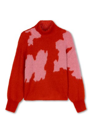 Rood en roze gebreide trui met een hoge hals, lange mouwen en een zachte textuur. Het ontwerp bevat grote, abstracte kleurvakken.