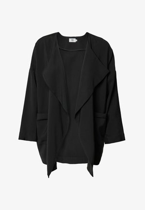 Cardigan negro drapeado con mangas largas, abertura frontal, dos bolsillos laterales y tela suave y ligera. Diseño sencillo y minimalista.