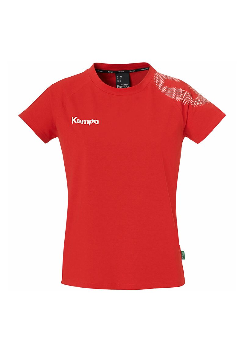 Red short-sleeve t-shirt made of cotton, featuring a rounded neckline, logo on the left chest, and a patterned accent on the right shoulder.