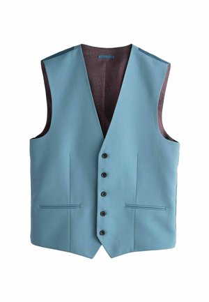Világoskék formális mellény öt fekete gombbal, két elülső cippzáras zsebbel és sötétbarna mintás béléssel.