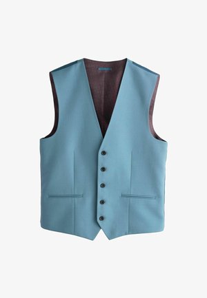 Világoskék formális mellény öt fekete gombbal, két elülső cippzáras zsebbel és sötétbarna mintás béléssel.