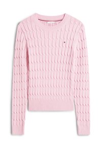 Rosa gestrickter Pullover mit strukturiertem Zopfmuster, Rundhalsausschnitt sowie gerippten Bündchen und Saum. Vorn mit einem kleinen Logo versehen.