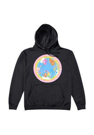 Czarny hoodie z kolorową okrągłą grafiką przedstawiającą rysunkowe zwierzęta, chmury i tęczę na niebieskim tle, obramowaną różowym kolorem.