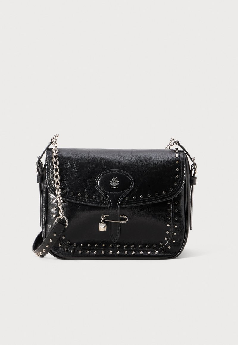 Black leather crossbody bag featuring a flap closure, silver studded accents, chain strap, and a decorative lock detail.