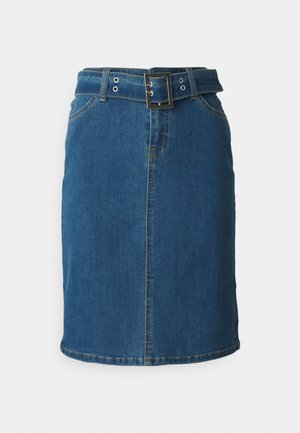 Denim krilo z opasanjem v modri barvi, slim fit zasnova, pet žepov in vidni šivi ob šivih.