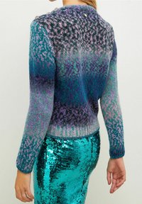 Strickpullover mit einem Farbverlaufsmuster in Blaugrün, Lila und Pink, einem runden Ausschnitt und dekorativen Beschlägen an der Schulter.