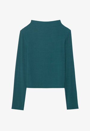 Sötétzöld, bordázott, hosszú ujjú felső. Magas nyakkivágással és rövidített derékkal rendelkezik. Az anyag textúrált hatású, puha felülettel.