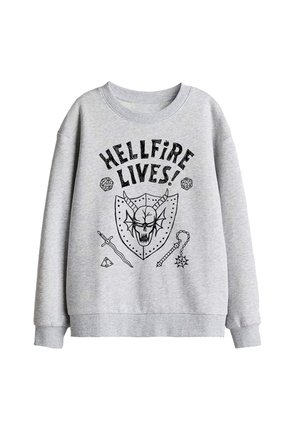 Light gray sweatshirt with black graphic text "HELLFIRE LIVES!" above a horned skull on shield, two dice, a sword, and a spiked mace with chain.