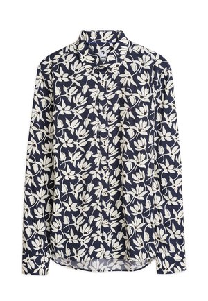 Overhemd met knoopsluiting met een marineblauwe achtergrond en een wit bloemmotief. Heeft een klassieke kraag en lange mouwen. Zachte stoftextuur.