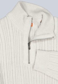 Hellgrauer Strickpullover mit hohem Kragen, halbseitigem Reißverschluss, gerippter Textur und vertikalen Streifen.