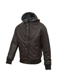 Brun läderbombarjacka med avtagbar mörkgrå huva, ribbade muddar och nederkant, framtills dragkedja, tryckknapps-stängning och sidofickor.