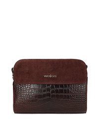 Borsa in pelle marrone con una parte superiore liscia e una texture a coccodrillo nella parte inferiore. Chiusura con zip e logo impresso sulla parte anteriore.