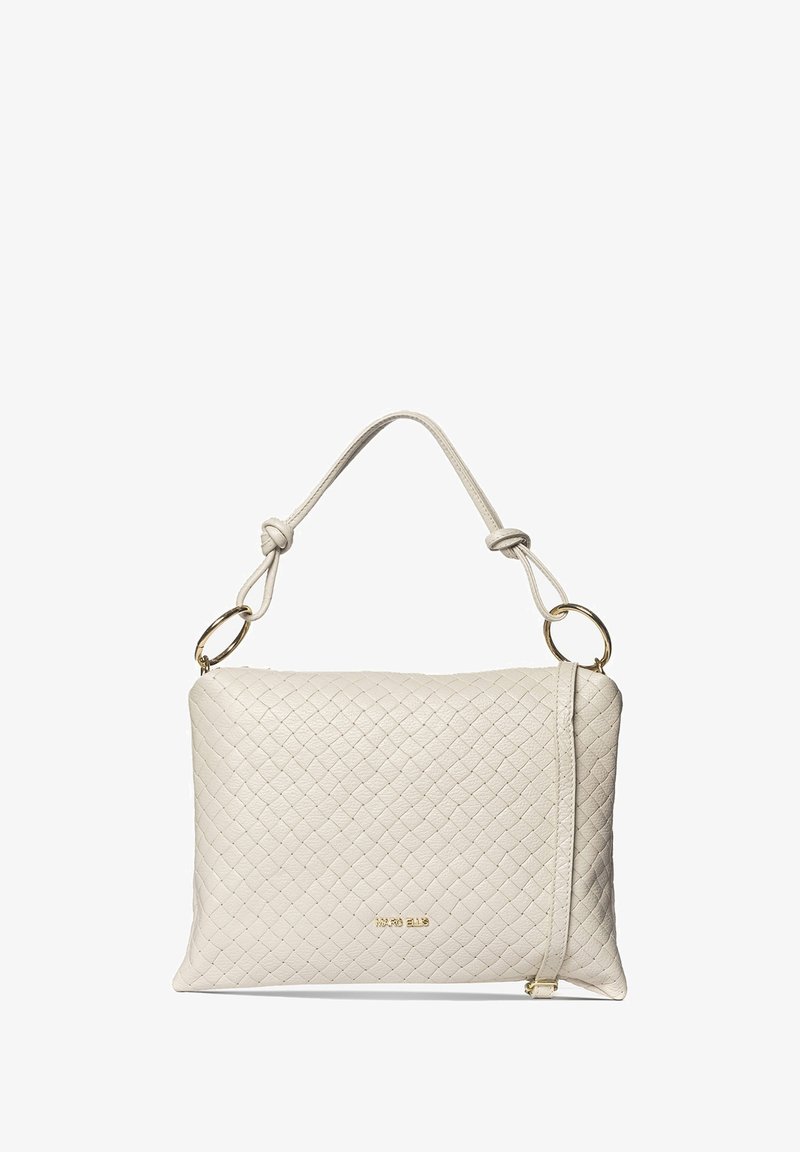 Borsa a mano in pelle intrecciata di colore crema, dalla forma rettangolare, con un manico singolo, elementi in oro e un logo discreto sul davanti.