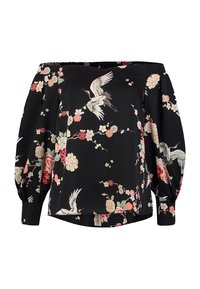 Czarna bluzka bez ramiączek z gładkiego materiału, ozdobiona kwiatowymi i żurawimi nadrukami w bieli, czerwieni i zieleni. Bufiaste rękawy i proste wykończenie.