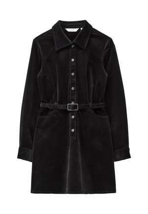 Black corduroy dress with a collared neckline, long sleeves, button-down front, belted waist, and two front pockets. Smooth texture.