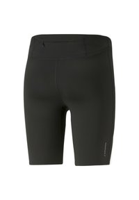 Pantalones cortos deportivos negros con un ajuste slim, cinturilla elástica y un pequeño bolsillo trasero con cremallera. Presentan una textura suave y detalles de acento en los laterales.