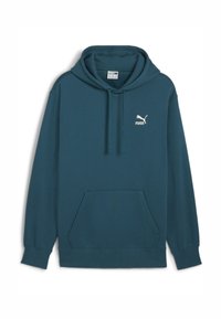 Felpa con cappuccio di colore turchese realizzata in materiale morbido, con tasca frontale, cappuccio regolabile con cordino e logo Puma bianco sul petto.