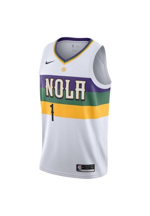 Biały koszulkowy strój do koszykówki z fioletowymi, zielonymi i żółtymi paskami, napisem „NOLA”, numerem 1 oraz logotypami Nike i NBA.