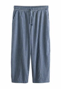 Blue and white checked pajama pants with an elastic waistband, drawstring closure, and side pockets. Fabric appears soft and lightweight.