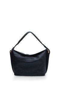 Black leather shoulder bag with a curved top and flat base. Features a smooth texture and a single adjustable strap with gold hardware accents.