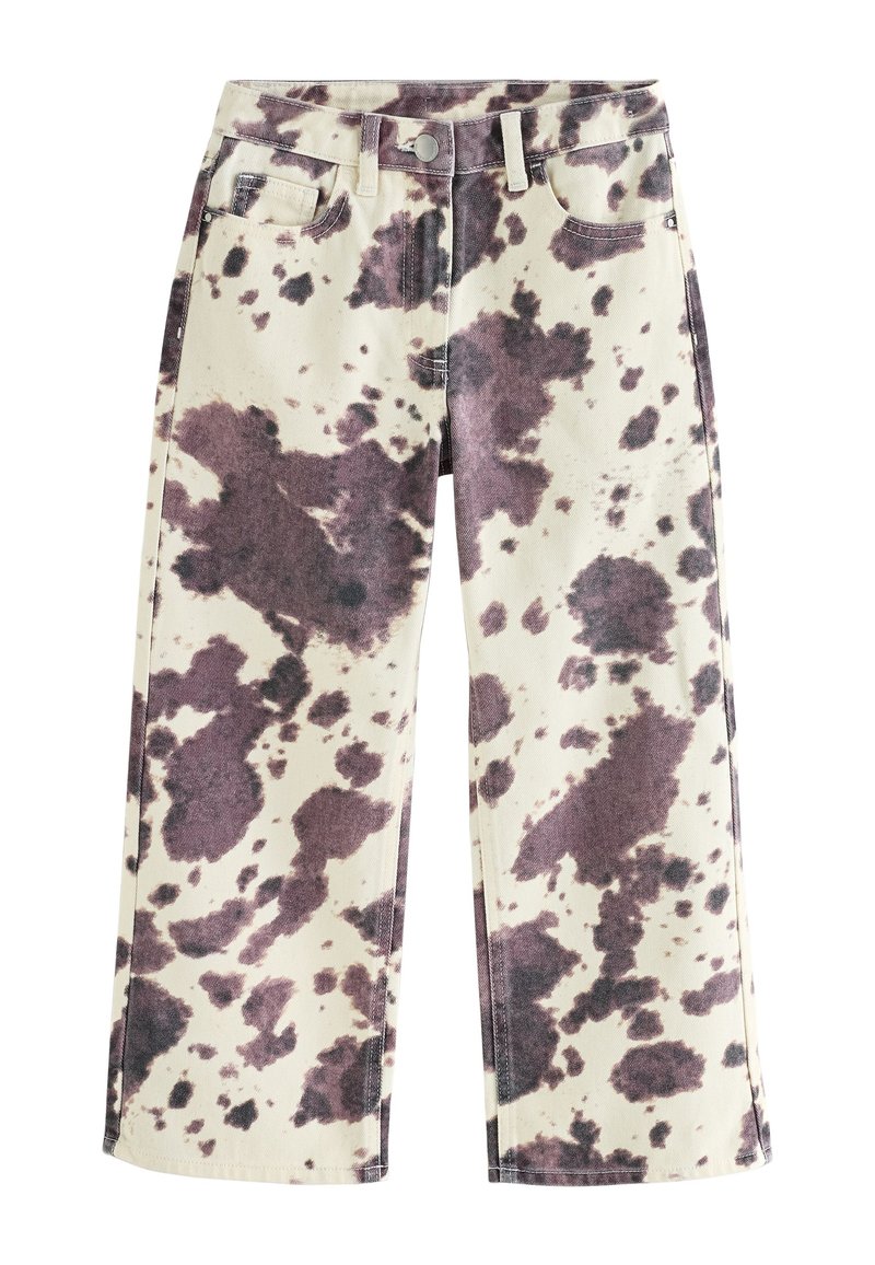 Jean à jambes larges en tissu crème avec un motif tacheté marron et violet. Comprend des poches avant et une fermeture par bouton.