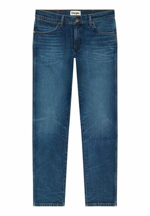 Blauwe denim jeans met een recht model, met een klassieke vijf-pocketstijl, metalen knoopsluiting en subtiele vervagingseffecten.