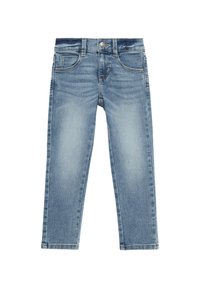 Pantalones vaqueros de mezclilla azul claro con un diseño clásico de cinco bolsillos, ajuste recto y un ligero desgastado. Cierre de botón y cremallera en la parte delantera.
