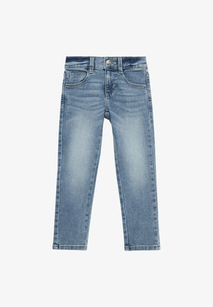 Pantalones vaqueros de mezclilla azul claro con un diseño clásico de cinco bolsillos, ajuste recto y un ligero desgastado. Cierre de botón y cremallera en la parte delantera.