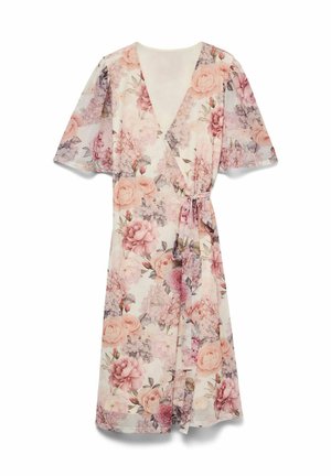 Rochie tip petrecut cu imprimeu floral în culori roz și violet, mâneci scurte, decolteu în V și curea cu nod lateral pe fundal alb.