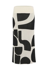 Schwarzer und cremefarbener Rock mit abstrakten geometrischen Mustern, aus Strickmaterial, mit figurbetonter Silhouette und breitem Bund.