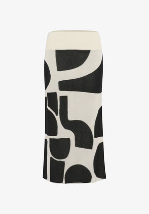 Juodos ir kremas spalvos sijonas su abstrakčiais geometriniais raštais, pagamintas iš megztos medžiagos, turi prigludusį siluetą ir platų liemens juostą.