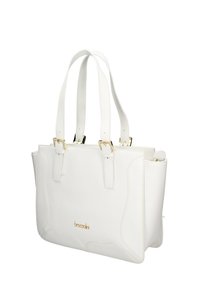 Borsa tote in pelle bianca con doppie cinghie, dettagli in oro e cuciture curvate. Presenta una parte superiore aperta e una tasca laterale.