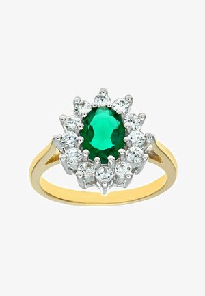 Złoty i srebrny pierścionek z owalnym zielonym kamieniem otoczonym przez przezroczyste okrągłe diamenty w kwiatowym wzorze. Gładka obrączka, polerowane wykończenie.