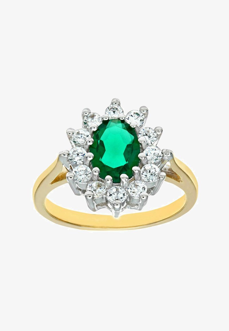 Zlatý a strieborný prsteň s oválnym zeleným drahokamom obklopeným jasnými okrúhlymi diamantmi v kvetinovom dizajne. Hladký prsteň, lesklý povrch.